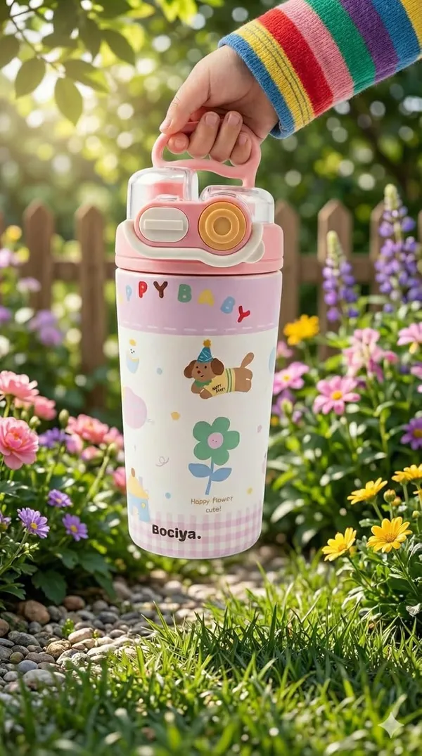 Multicolor_Kids_Water_Bottle_With_Straw_Insulated_Stainless_Steel_Thermos_For_School_And_Travel_Leak_Proof_Flip_Top_Sipper_Bottle_For_Girls_Cute_Puppy_And_Flower_Desig_[500Ml]