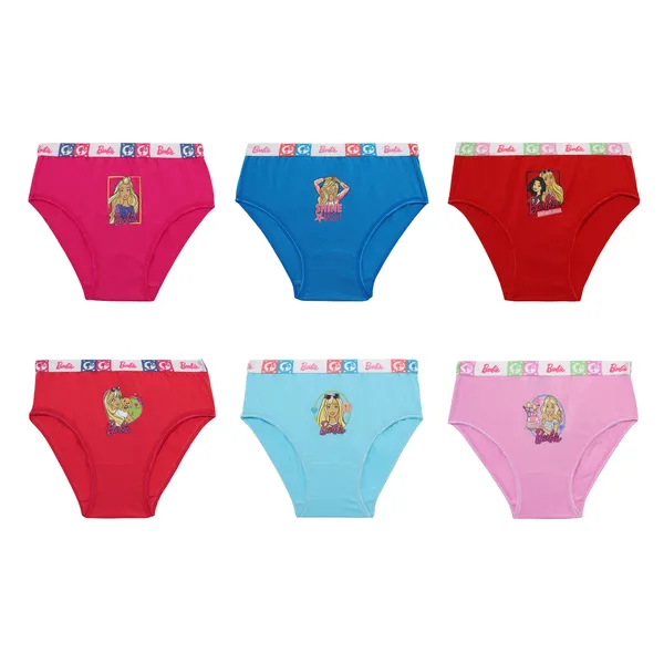 BABY-108_Multicolor_Cotton_Elastane_Briefs_Pack_Of_6_Solid_Colors_With_Barbie_Waistband_And_Prints_For_Girls