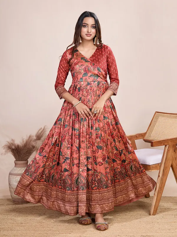Red_Silk_Blend_Kalamkari_Print_Ethnic_Dresses_Gown_For_Women