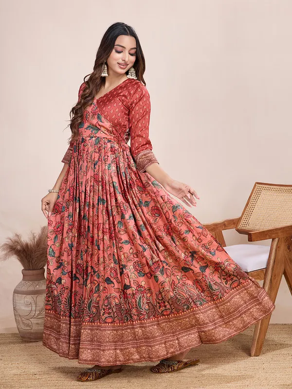 Red_Silk_Blend_Kalamkari_Print_Ethnic_Dresses_Gown_For_Women