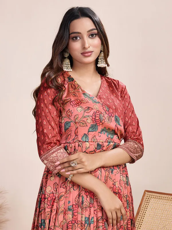 Red_Silk_Blend_Kalamkari_Print_Ethnic_Dresses_Gown_For_Women
