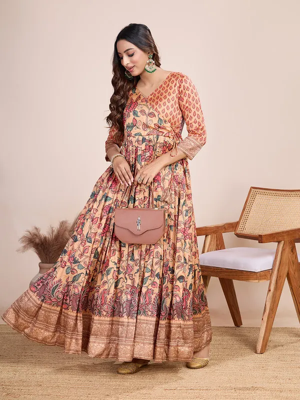 Peach_Silk_Blend_Kalamkari_Print_Ethnic_Dresses_Gown_For_Women