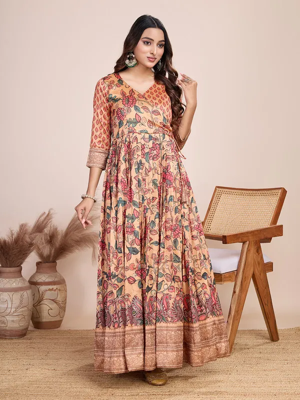 Peach_Silk_Blend_Kalamkari_Print_Ethnic_Dresses_Gown_For_Women