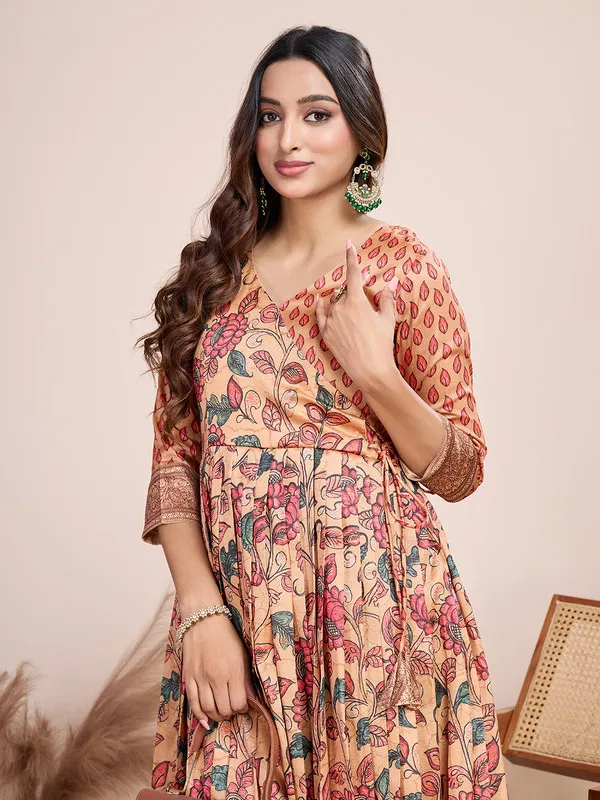 Peach_Silk_Blend_Kalamkari_Print_Ethnic_Dresses_Gown_For_Women