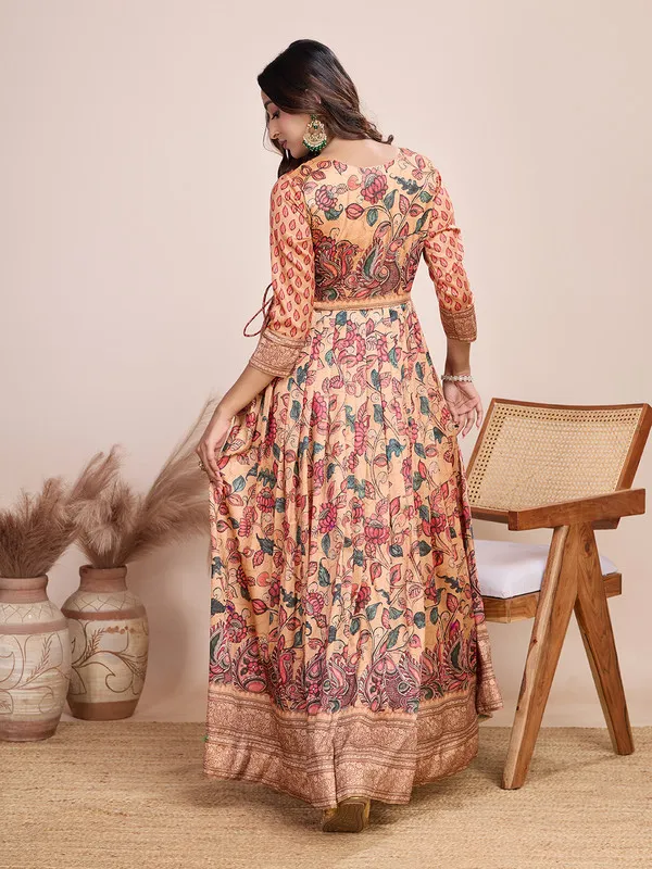 Peach_Silk_Blend_Kalamkari_Print_Ethnic_Dresses_Gown_For_Women