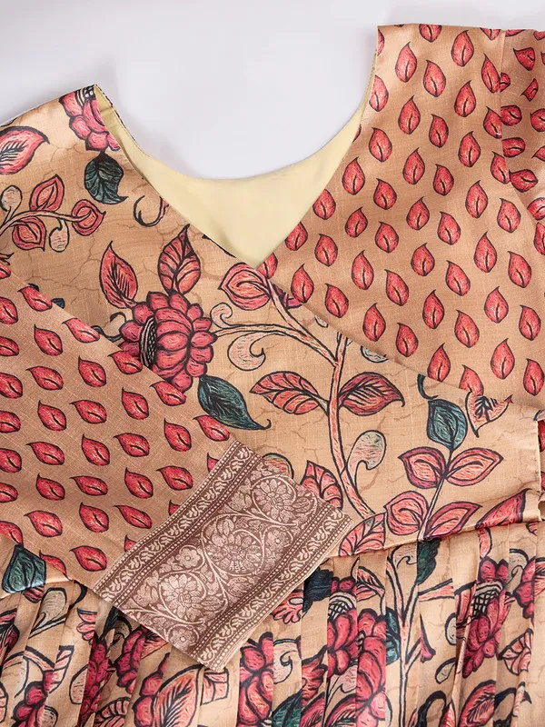 Peach_Silk_Blend_Kalamkari_Print_Ethnic_Dresses_Gown_For_Women