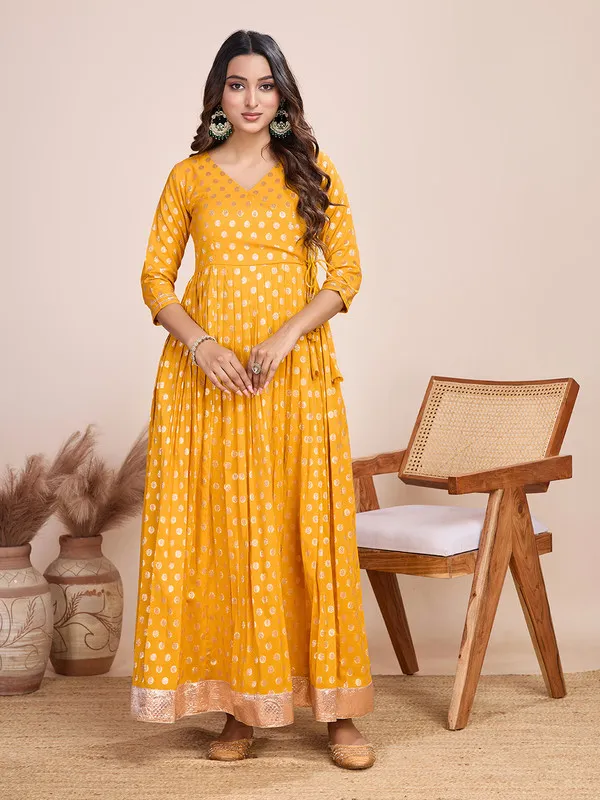 Yellow_Silk_Blend_Zari_Weaving_Polka_Dot_Ethnic_Dresses_Gown_For_Women