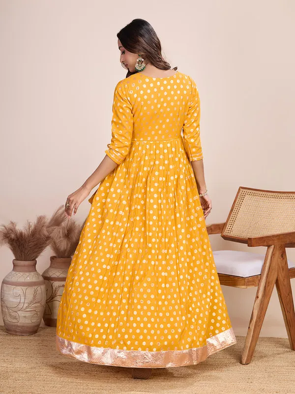 Yellow_Silk_Blend_Zari_Weaving_Polka_Dot_Ethnic_Dresses_Gown_For_Women
