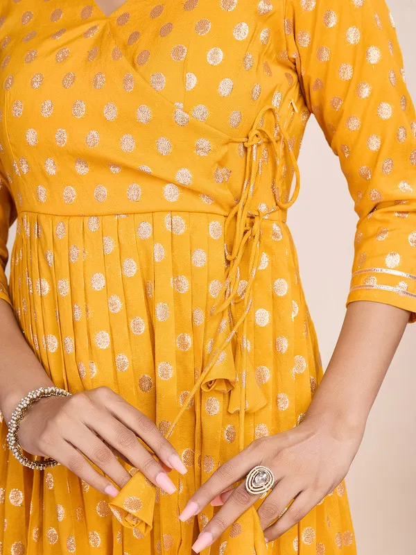 Yellow_Silk_Blend_Zari_Weaving_Polka_Dot_Ethnic_Dresses_Gown_For_Women