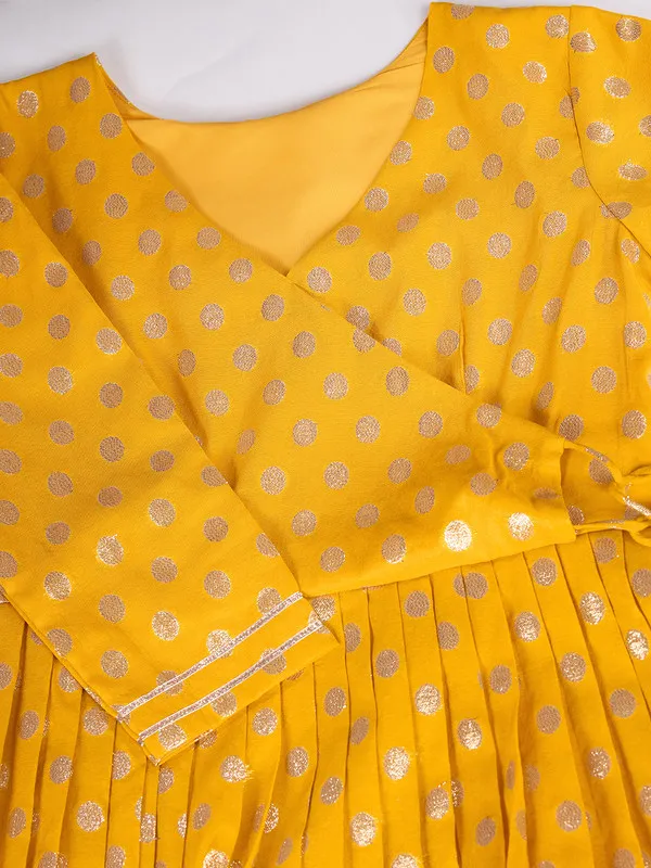 Yellow_Silk_Blend_Zari_Weaving_Polka_Dot_Ethnic_Dresses_Gown_For_Women