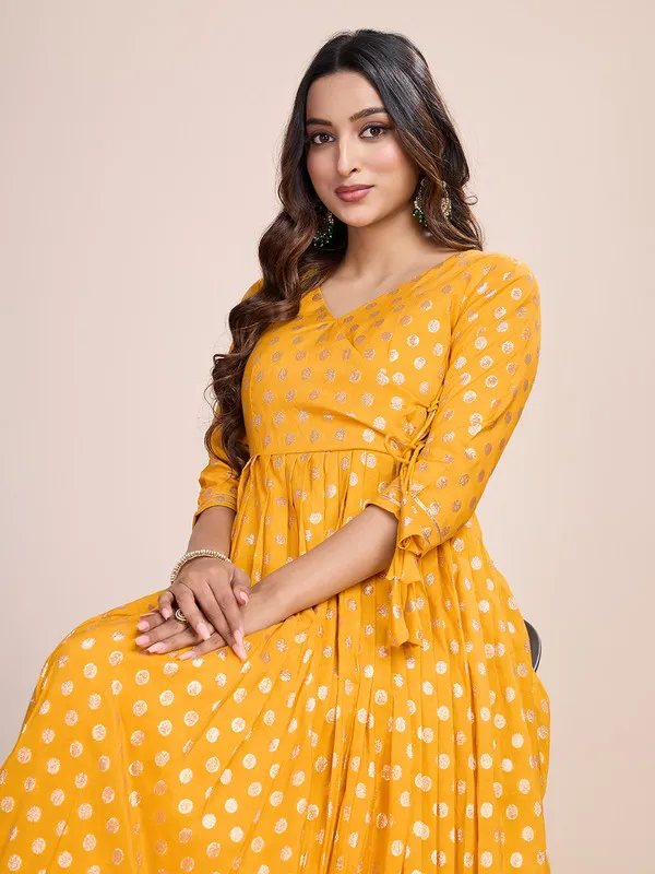Yellow_Silk_Blend_Zari_Weaving_Polka_Dot_Ethnic_Dresses_Gown_For_Women