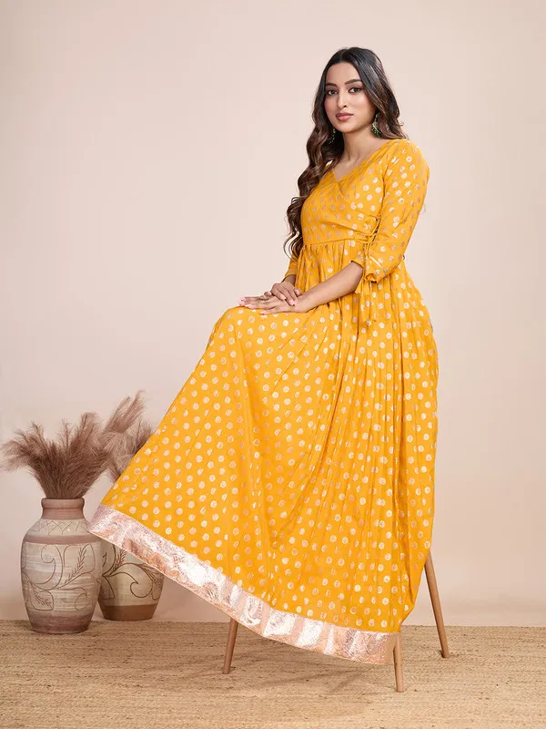 Yellow_Silk_Blend_Zari_Weaving_Polka_Dot_Ethnic_Dresses_Gown_For_Women