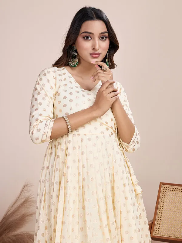 Cream_Silk_Blend_Zari_Weaving_Polka_Dot_Ethnic_Dresses_Gown_For_Women