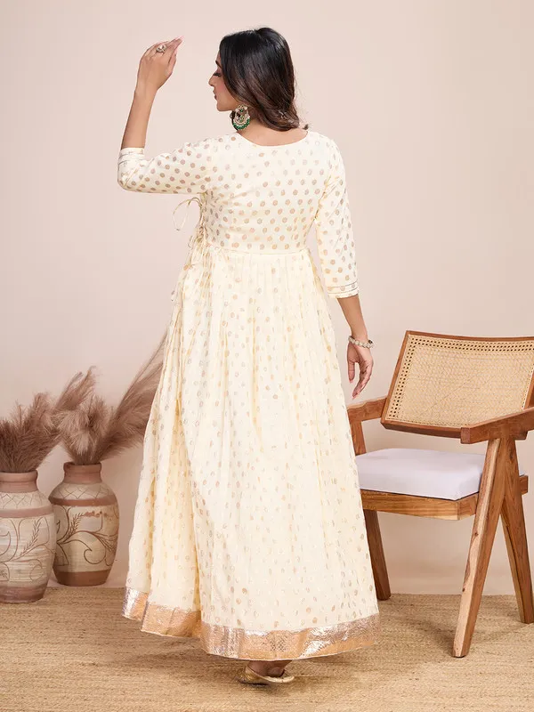 Cream_Silk_Blend_Zari_Weaving_Polka_Dot_Ethnic_Dresses_Gown_For_Women