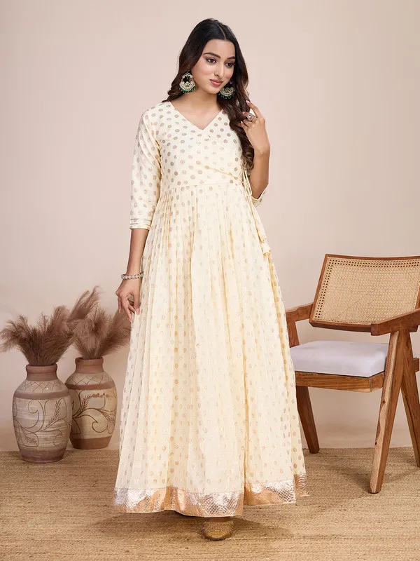 Cream_Silk_Blend_Zari_Weaving_Polka_Dot_Ethnic_Dresses_Gown_For_Women