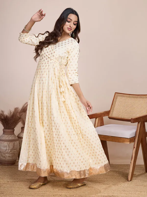 Cream_Silk_Blend_Zari_Weaving_Polka_Dot_Ethnic_Dresses_Gown_For_Women