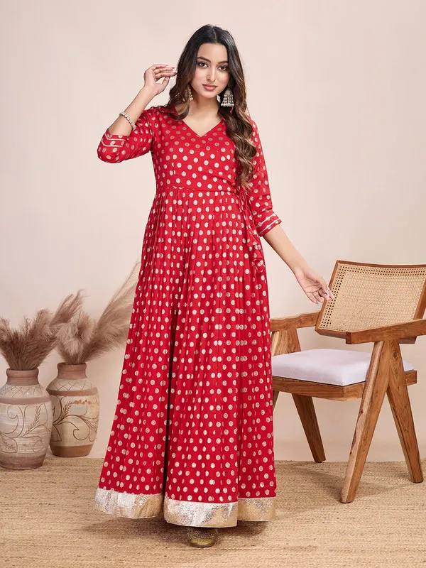 Red_Silk_Blend_Zari_Weaving_Polka_Dot_Ethnic_Dresses_Gown_For_Women