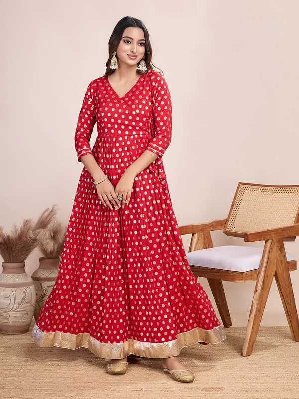 Red_Silk_Blend_Zari_Weaving_Polka_Dot_Ethnic_Dresses_Gown_For_Women