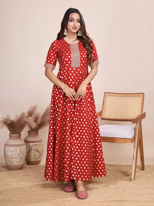 Red_Silk_Blend_Zari_Weaving_Polka_Dot_Ethnic_Dresses_Gown_For_Women