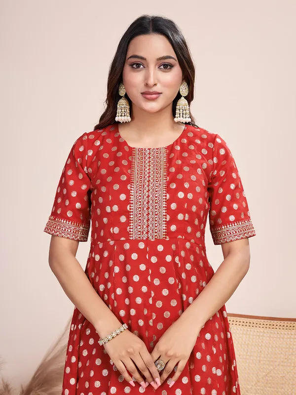 Red_Silk_Blend_Zari_Weaving_Polka_Dot_Ethnic_Dresses_Gown_For_Women