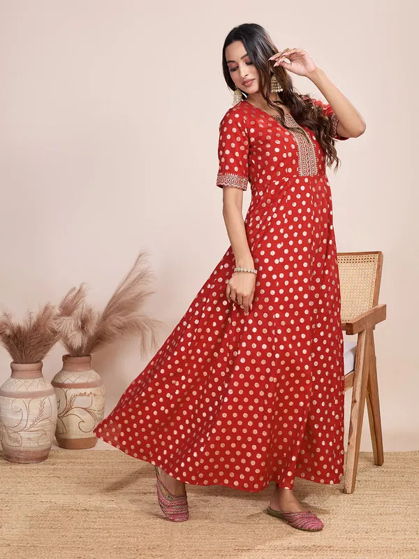 Red_Silk_Blend_Zari_Weaving_Polka_Dot_Ethnic_Dresses_Gown_For_Women