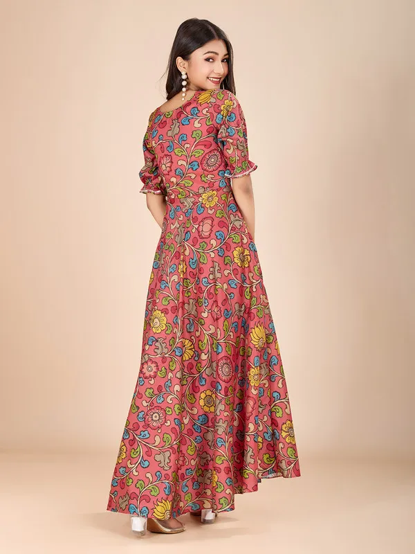 Multicolor_Tussar_Silk_Kalamkari_Print_Ethnic_Dresses_Gown_For_Girls