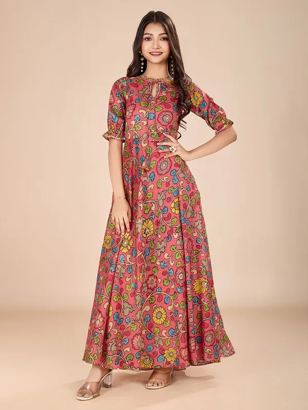 Multicolor_Tussar_Silk_Kalamkari_Print_Ethnic_Dresses_Gown_For_Girls