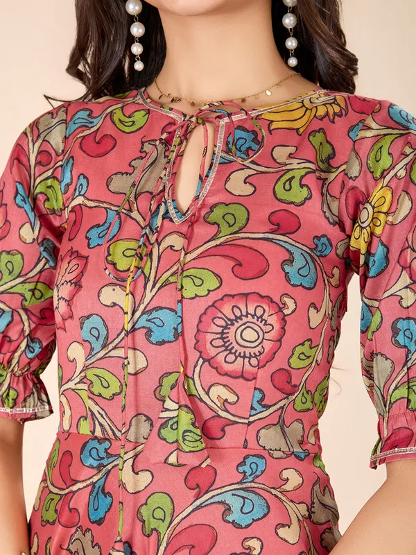 Multicolor_Tussar_Silk_Kalamkari_Print_Ethnic_Dresses_Gown_For_Girls