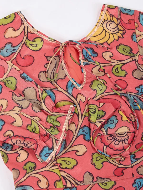 Multicolor_Tussar_Silk_Kalamkari_Print_Ethnic_Dresses_Gown_For_Girls