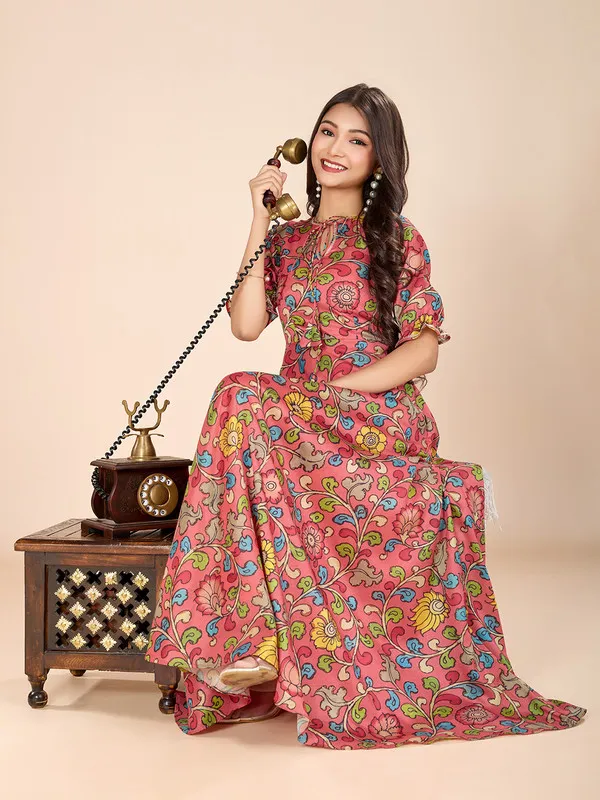 Multicolor_Tussar_Silk_Kalamkari_Print_Ethnic_Dresses_Gown_For_Girls