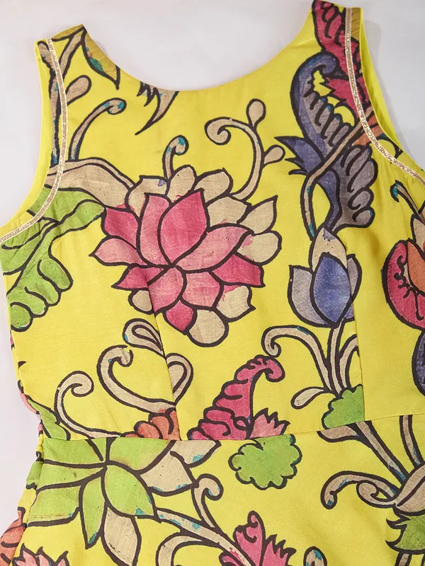 Yellow_Tussar_Silk_Kalamkari_Print_Ethnic_Dresses_Gown_For_Girls