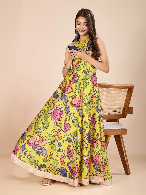 Yellow_Tussar_Silk_Kalamkari_Print_Ethnic_Dresses_Gown_For_Girls