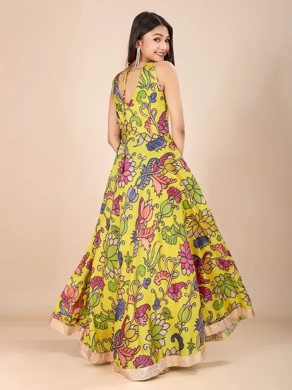 Yellow_Tussar_Silk_Kalamkari_Print_Ethnic_Dresses_Gown_For_Girls