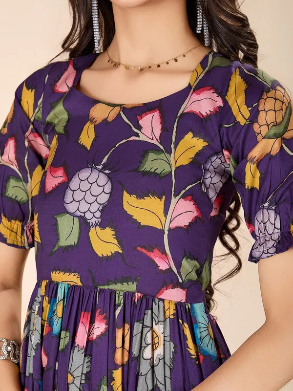 Purple_Tussar_Silk_Kalamkari_Print_Ethnic_Dresses_Gown_For_Girls