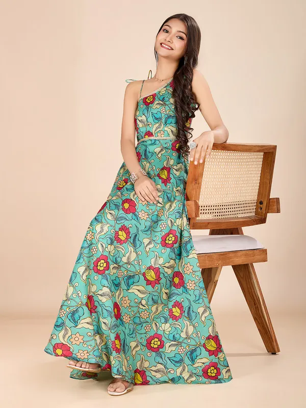Aqua_Silk_Blend_Printed_Lace_Detailing_Ethnic_Dresses_Gown_For_Girls
