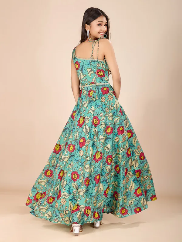 Aqua_Silk_Blend_Printed_Lace_Detailing_Ethnic_Dresses_Gown_For_Girls