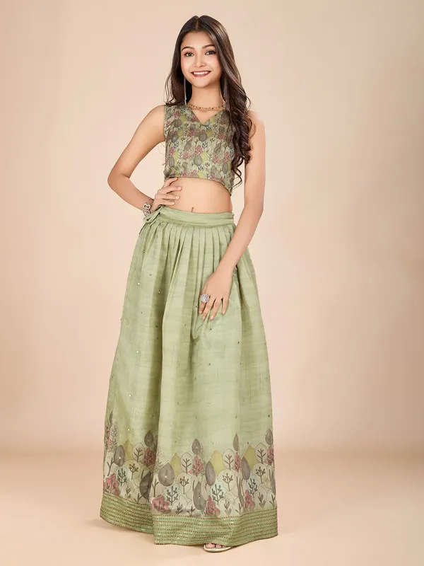 Pista_Tussar_Silk_Kantha_Embroidery_Printed_Lehenga_Choli_For_Girls