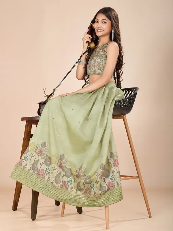 Pista_Tussar_Silk_Kantha_Embroidery_Printed_Lehenga_Choli_For_Girls
