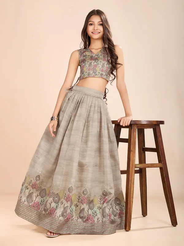 Grey_Tussar_Silk_Kantha_Embroidery_Printed_Lehenga_Choli_For_Girls