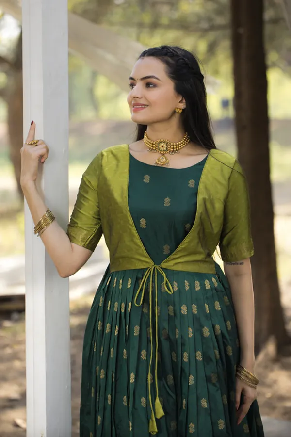 Dark_Green_Soft_Silk_Woven_Ethnic_Dresses_Gown_For_Women