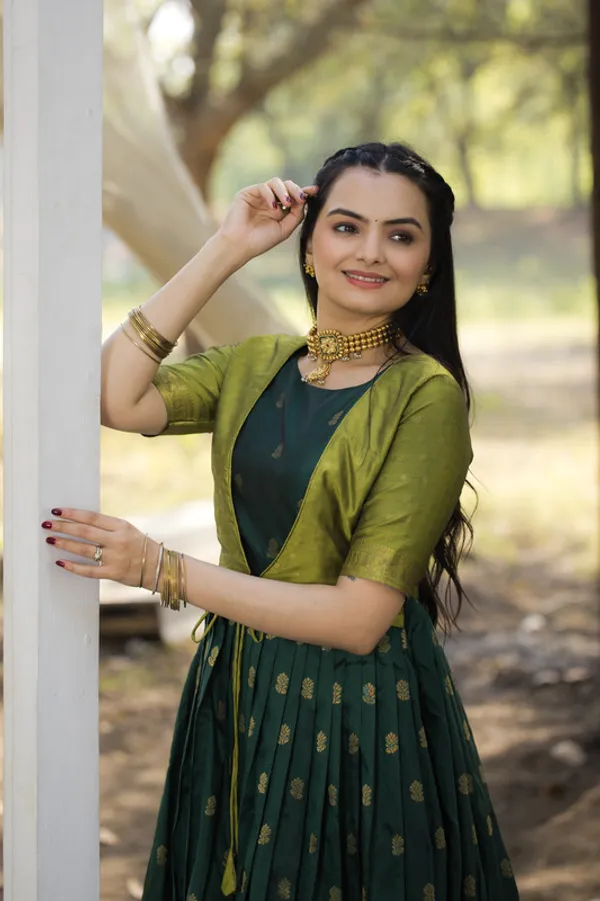 Dark_Green_Soft_Silk_Woven_Ethnic_Dresses_Gown_For_Women