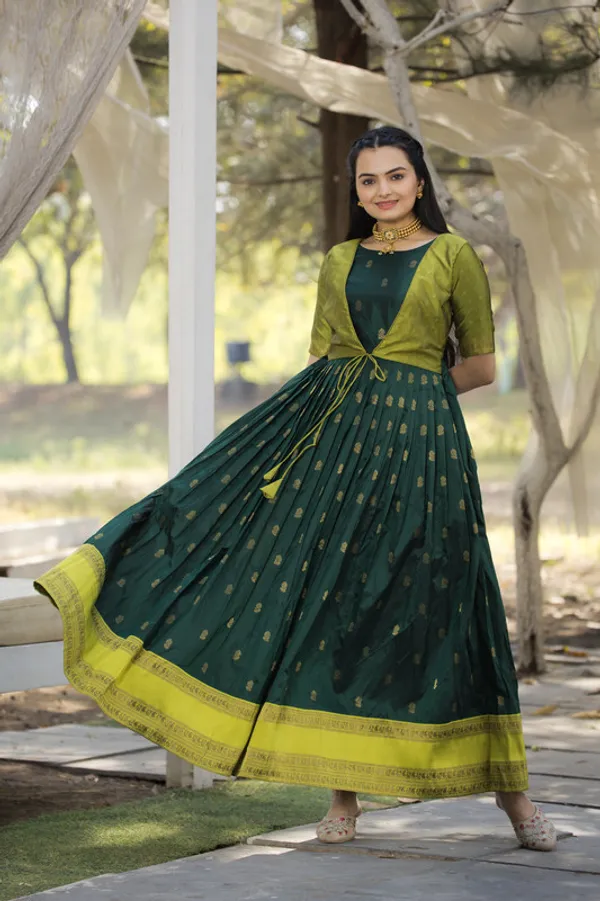 Dark_Green_Soft_Silk_Woven_Ethnic_Dresses_Gown_For_Women