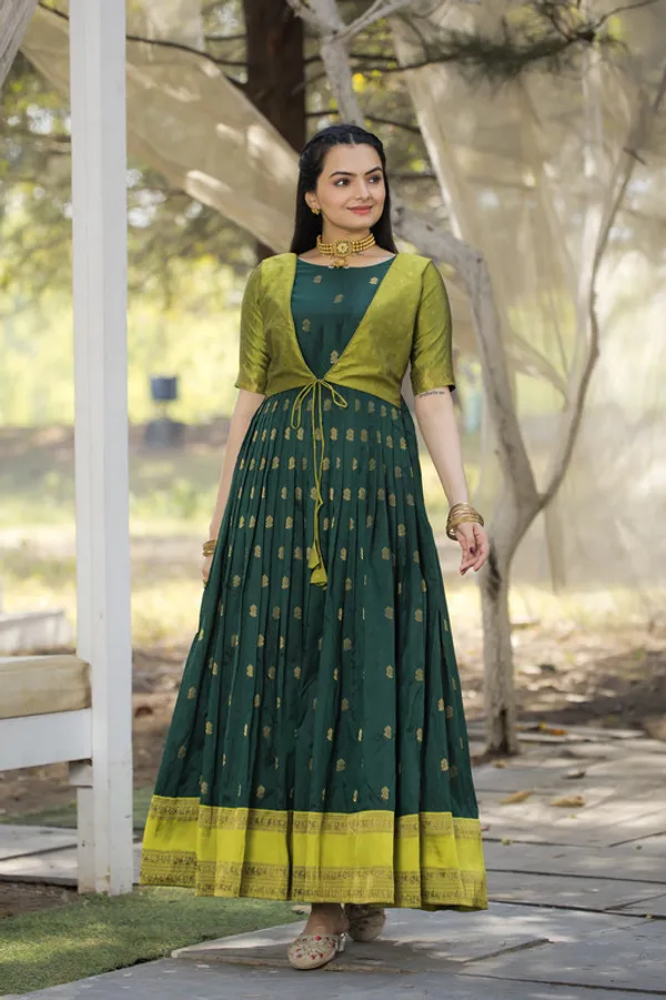 Dark_Green_Soft_Silk_Woven_Ethnic_Dresses_Gown_For_Women