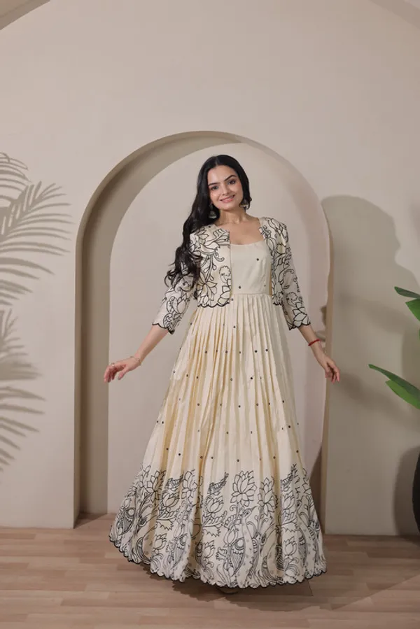 Beige_Tussar_Silk_Embroidery_Ethnic_Dresses_Gown_For_Women