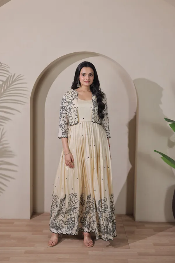 Beige_Tussar_Silk_Embroidery_Ethnic_Dresses_Gown_For_Women