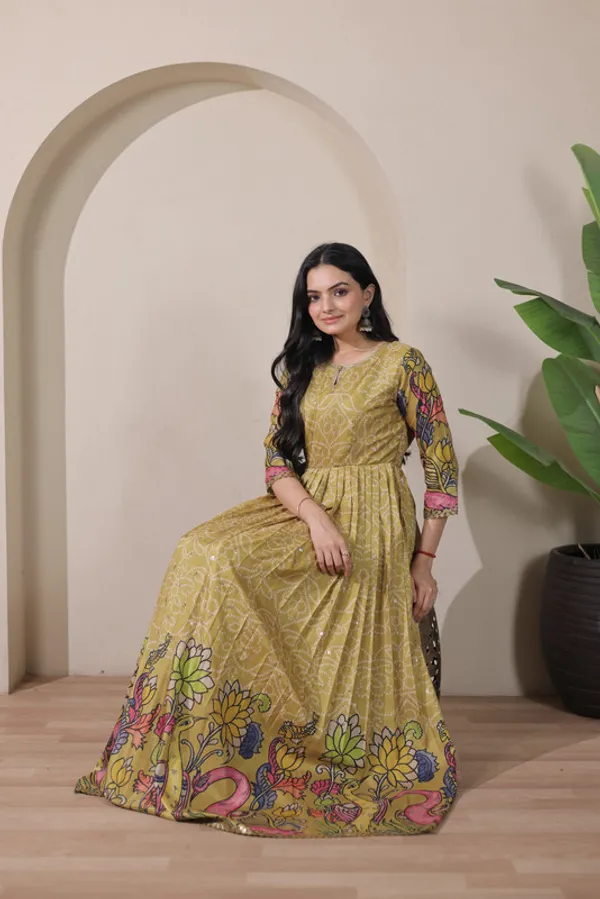 Mehendi_Tussar_Silk_Kalamkari_Print_Ethnic_Dresses_Gown_For_Women