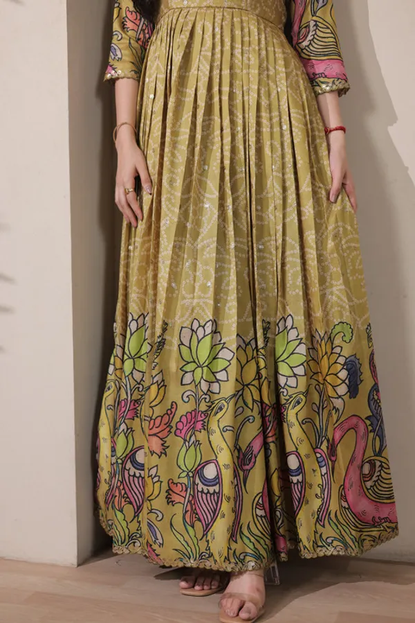 Mehendi_Tussar_Silk_Kalamkari_Print_Ethnic_Dresses_Gown_For_Women
