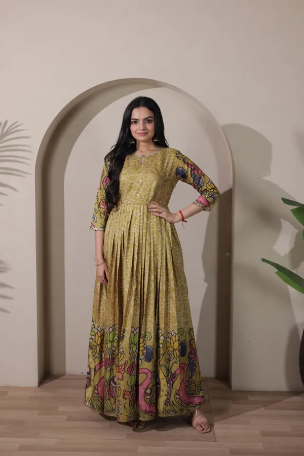 Mehendi_Tussar_Silk_Kalamkari_Print_Ethnic_Dresses_Gown_For_Women