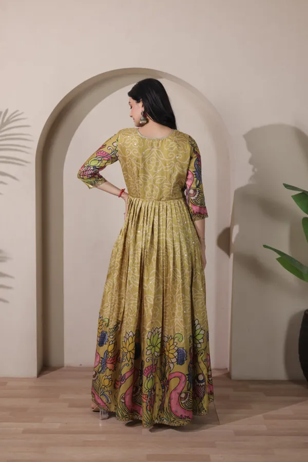 Mehendi_Tussar_Silk_Kalamkari_Print_Ethnic_Dresses_Gown_For_Women