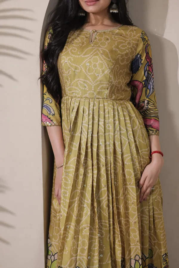 Mehendi_Tussar_Silk_Kalamkari_Print_Ethnic_Dresses_Gown_For_Women